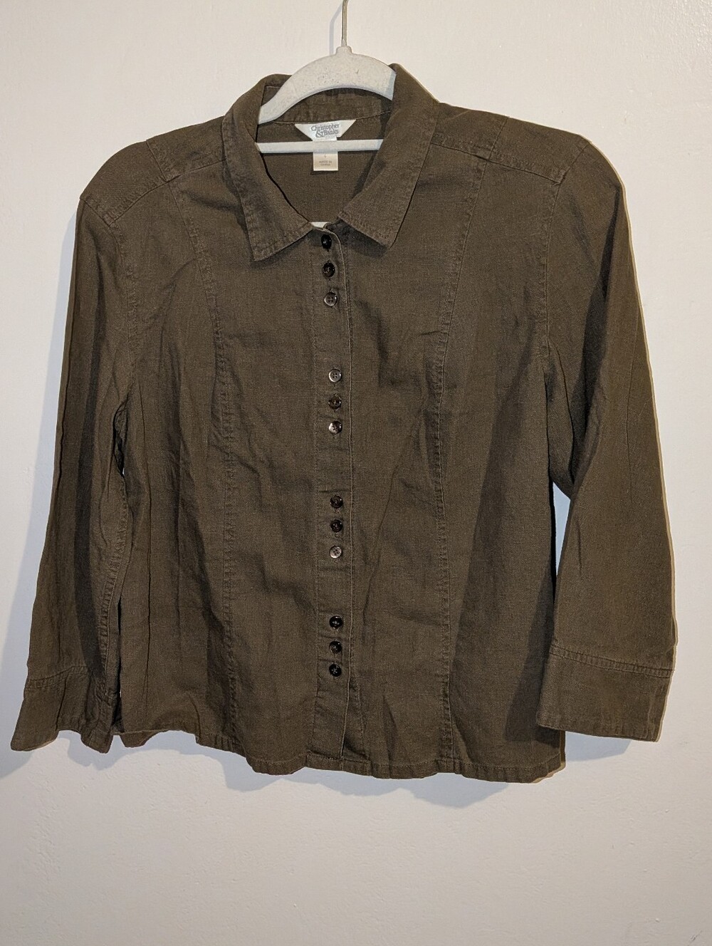 Christopher & Banks Olive Green Casual Button-Down Shirt Size L